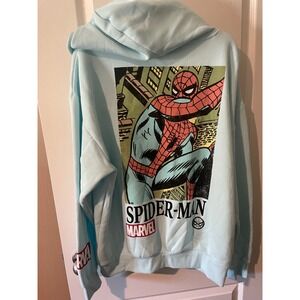 Marvel Spider-Man Hoodie Light Blue Graphic Fleece Sweatshirt Mens Large NEW